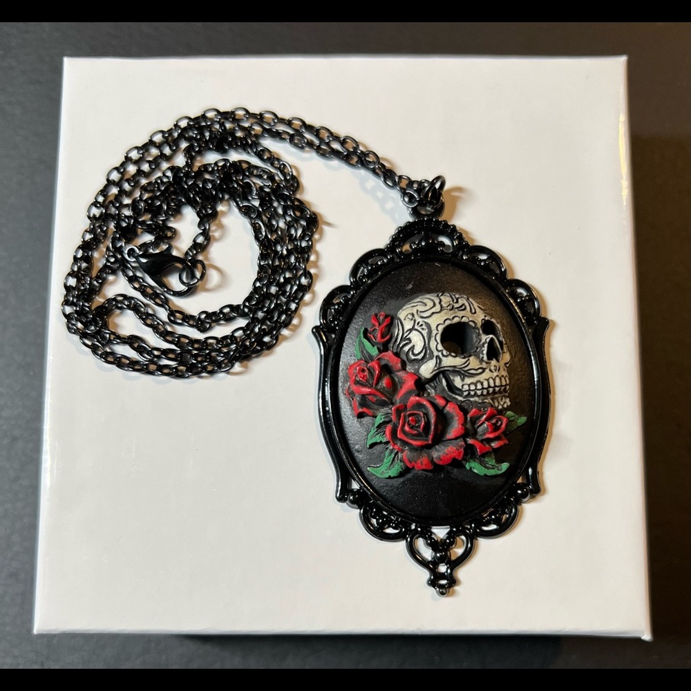 Skull rose Cabochon day of the dead womens necklace